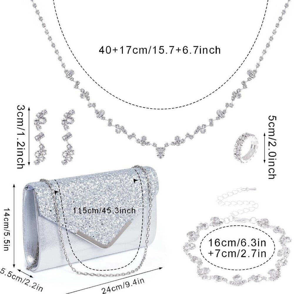 Women Rhinestone Jewelry Set Crystal Necklace Earrings Prom Bridal Clutch Bag - Picture 2 of 7